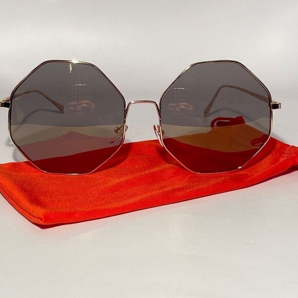 None Accessories - 1074 Hexagon Oversized Sunglasses Silver Metal Frames Grey Lenses New